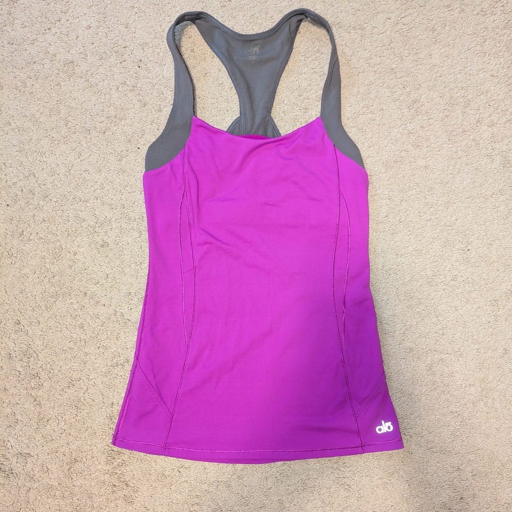 ALO Yoga Purple Racerback Tank Top with Gray Straps
